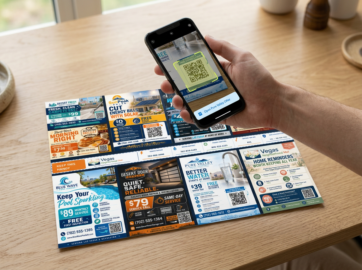 A phone scanning the QR code on a Vegas Neighborhood Mail 9x12 shared postcard and opening the digital offer card
