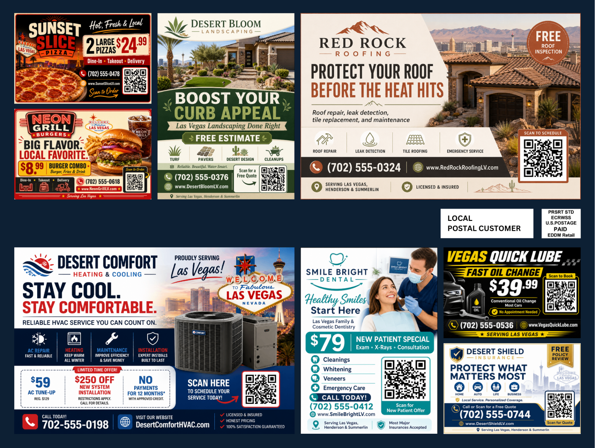 Back side of a Vegas Neighborhood Mail 9x12 postcard with 7 additional local business ads and the addressed mailer panel